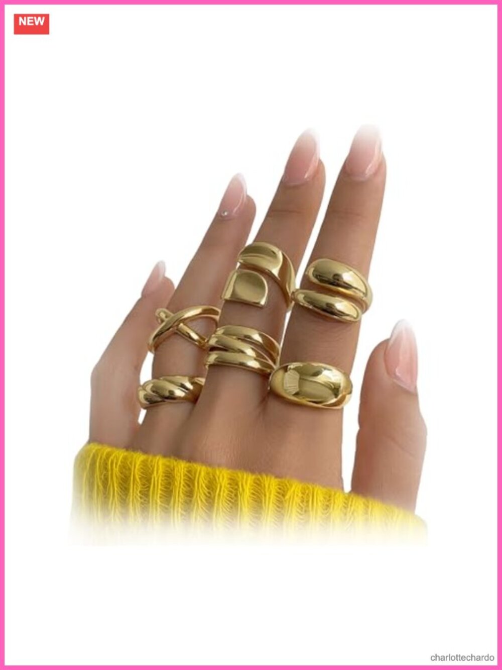 6 Pc 18K Gold Plated Chunky Stacking Ring Set for Women